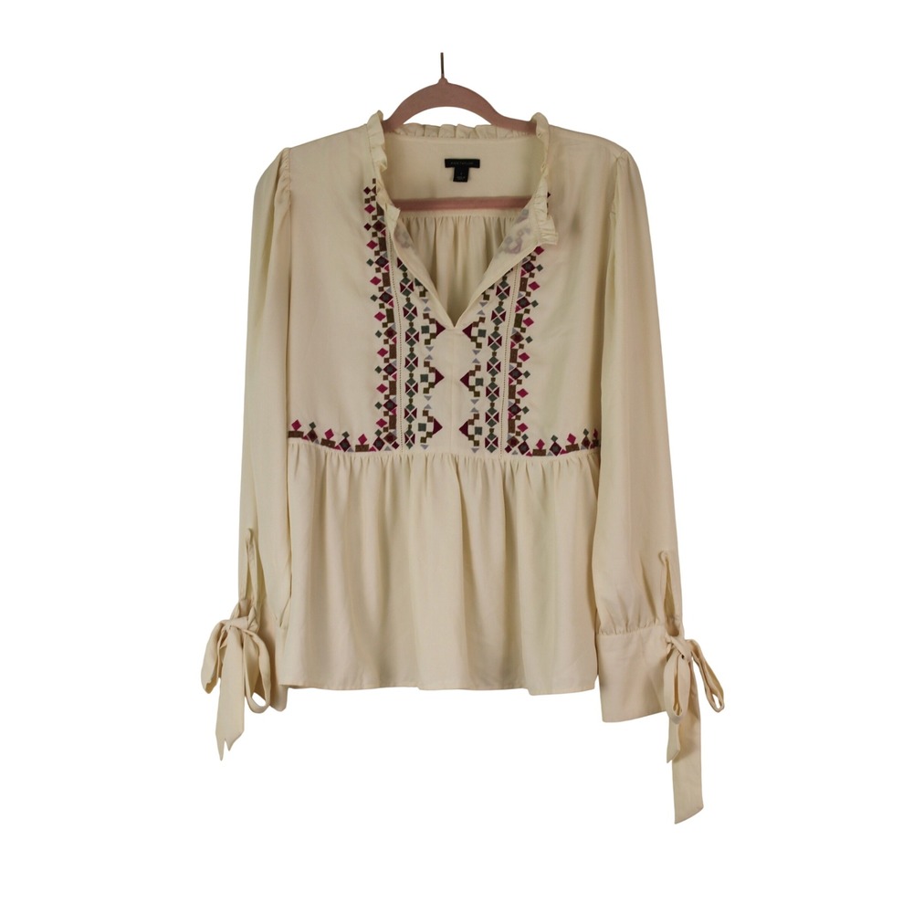 Ann Taylor Peasant Boho Chic Cream Embroidered Tie Sleeve Peplum Ruffle Blouse S